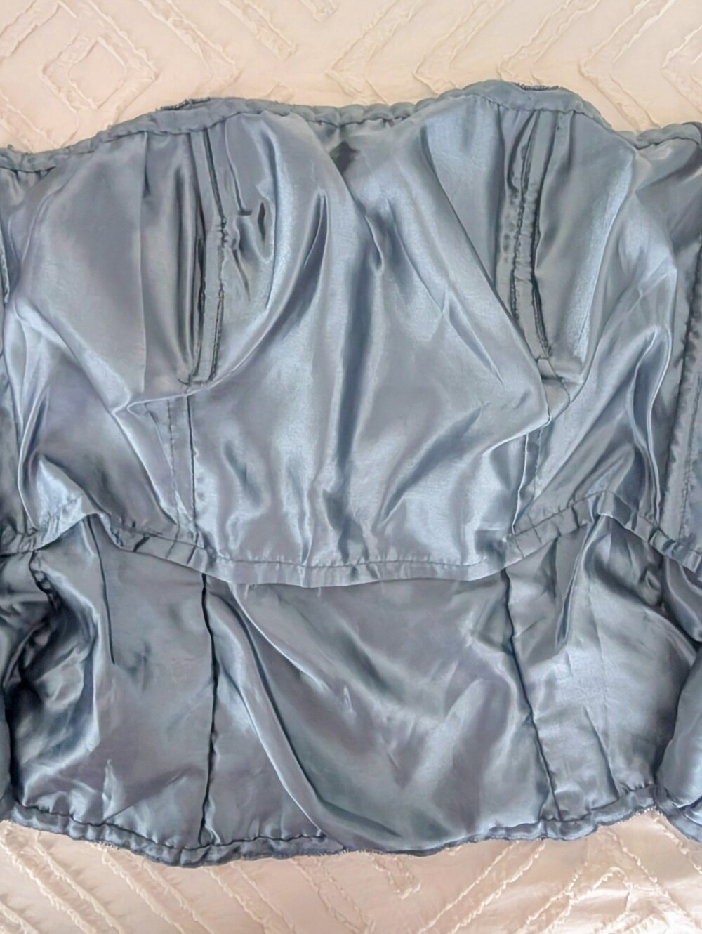 100% Silk Embroidered Strapless Beaded Peplum Top - Slate Blue - Picture 5 of 7